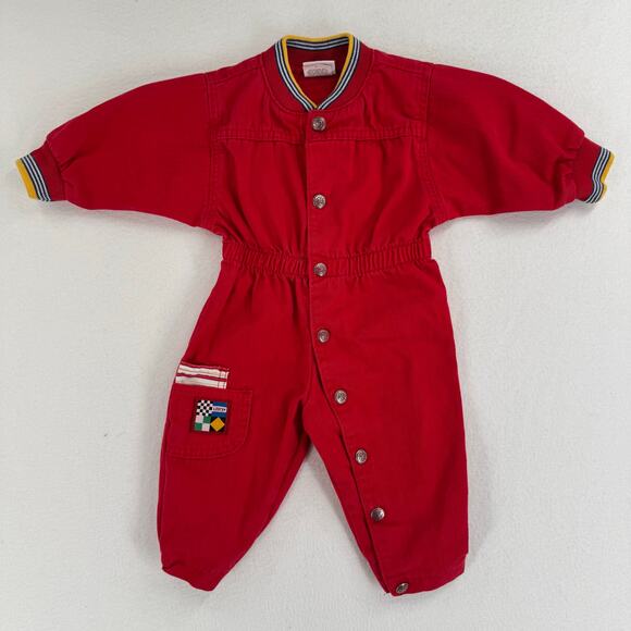 Vintage 90s Little Levis Jumpsuit 6 Months Red Snap Button Boys Girls Retro 80s - Picture 1 of 13